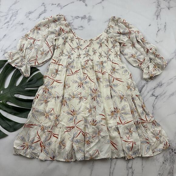 Listicle Womens Smocked Dress Size L White Orange Floral Pockets Ruffles Tiered - Picture 1 of 12